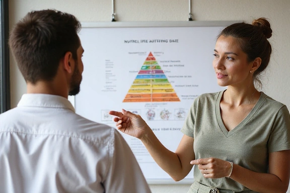 A nutritionist explaining concepts to a client, pointing at a food pyramid diagram.