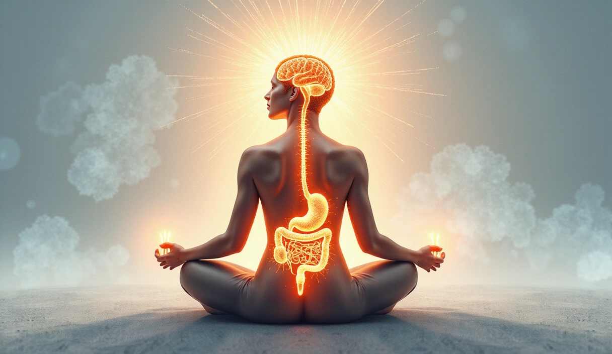A person meditating with a glowing brain and gut connection, illustrating the gut-brain axis concept.